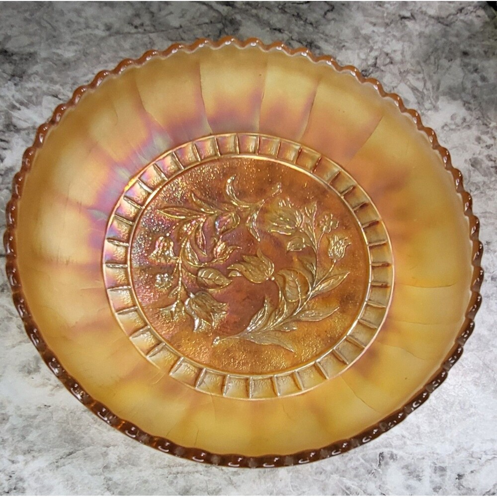 Vintage Dugan "Wind Flower" 7.5” Marigold Carnival glass bowl Serving Dish